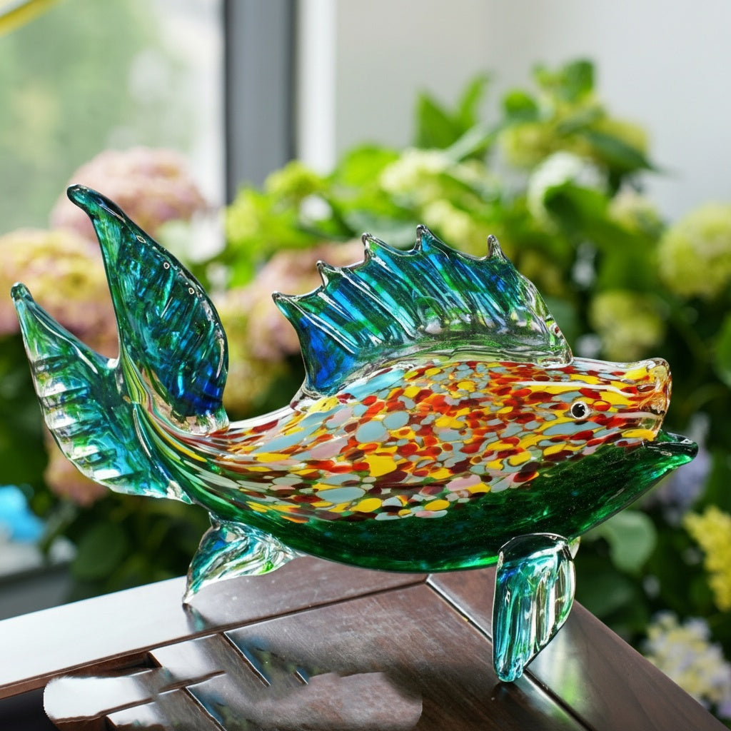 Side view of multicolor art glass fish sculpture with green fins