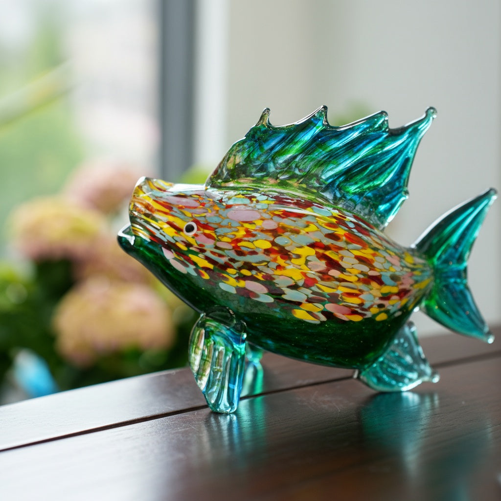 Close up detail of glass fish head and patterns
