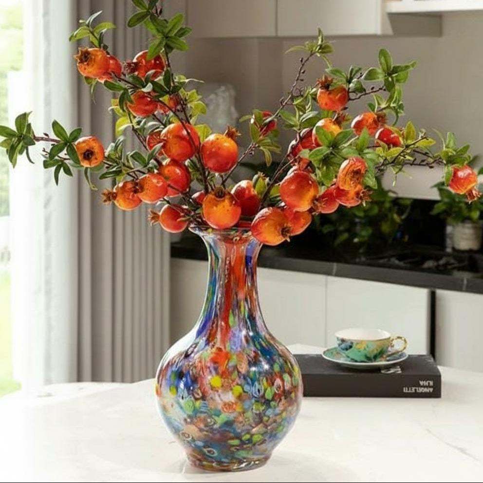 Multicolor art glass flared flower vase with pomegranate branches