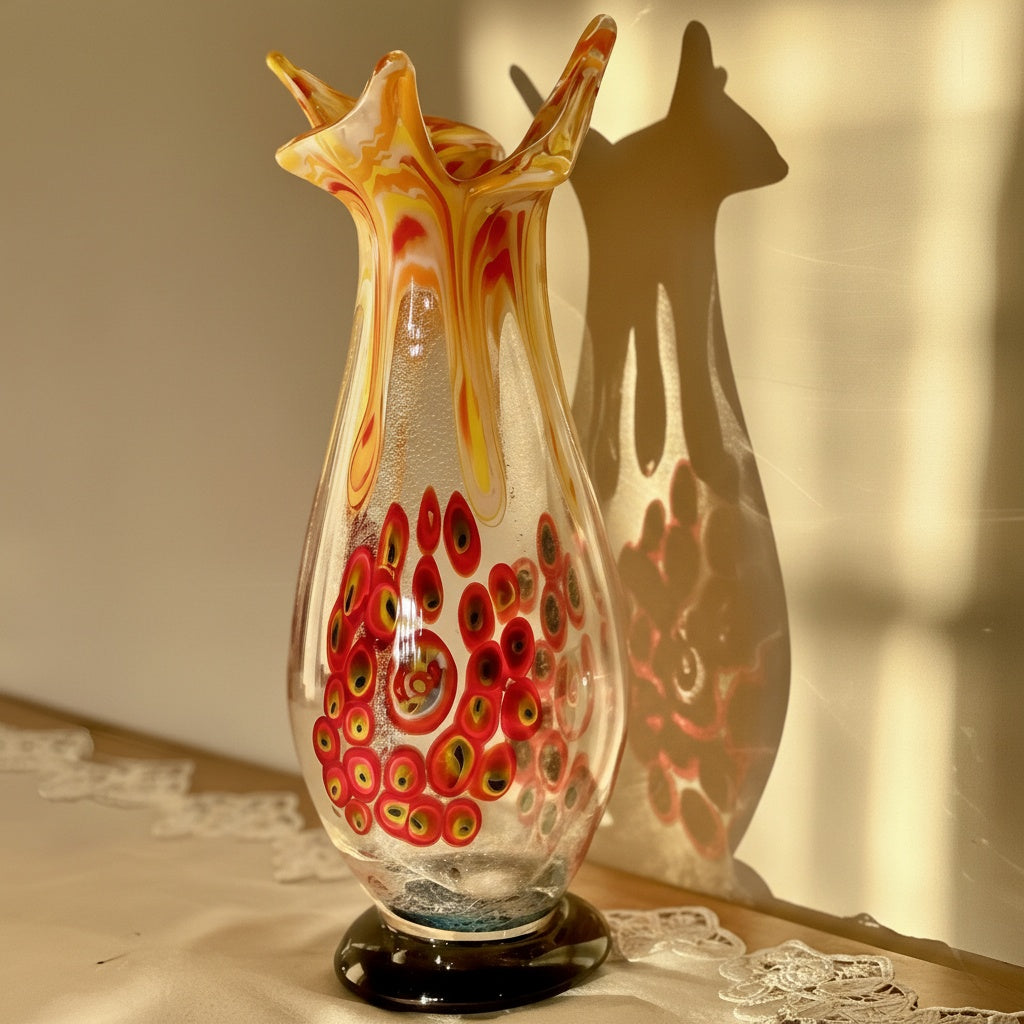 Full shot of art glass vase casting a shadow showing silhouette