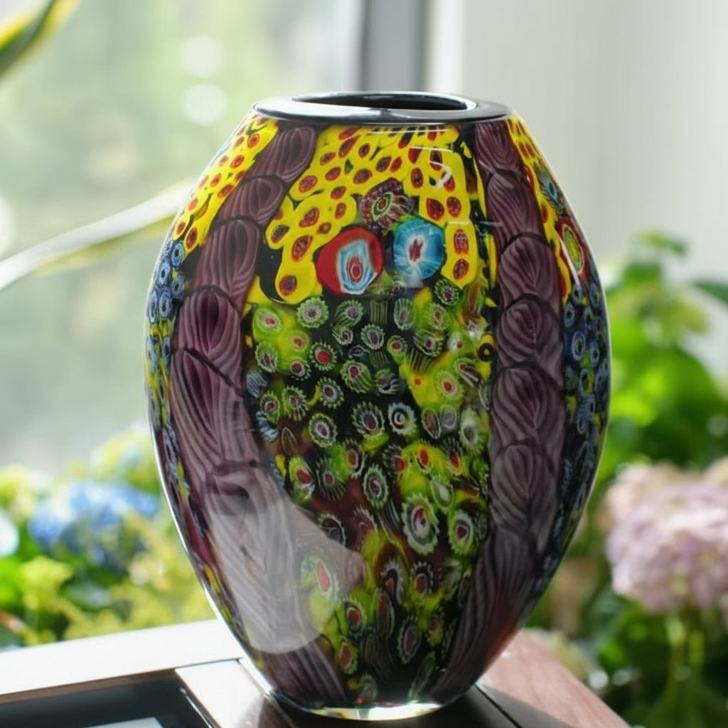 Close up of multicolor abstract pattern art glass oval vase