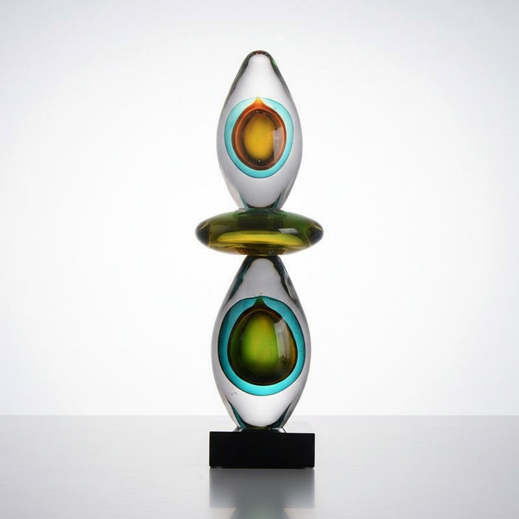 Front view of multicolor art glass sculpture with teal and amber details