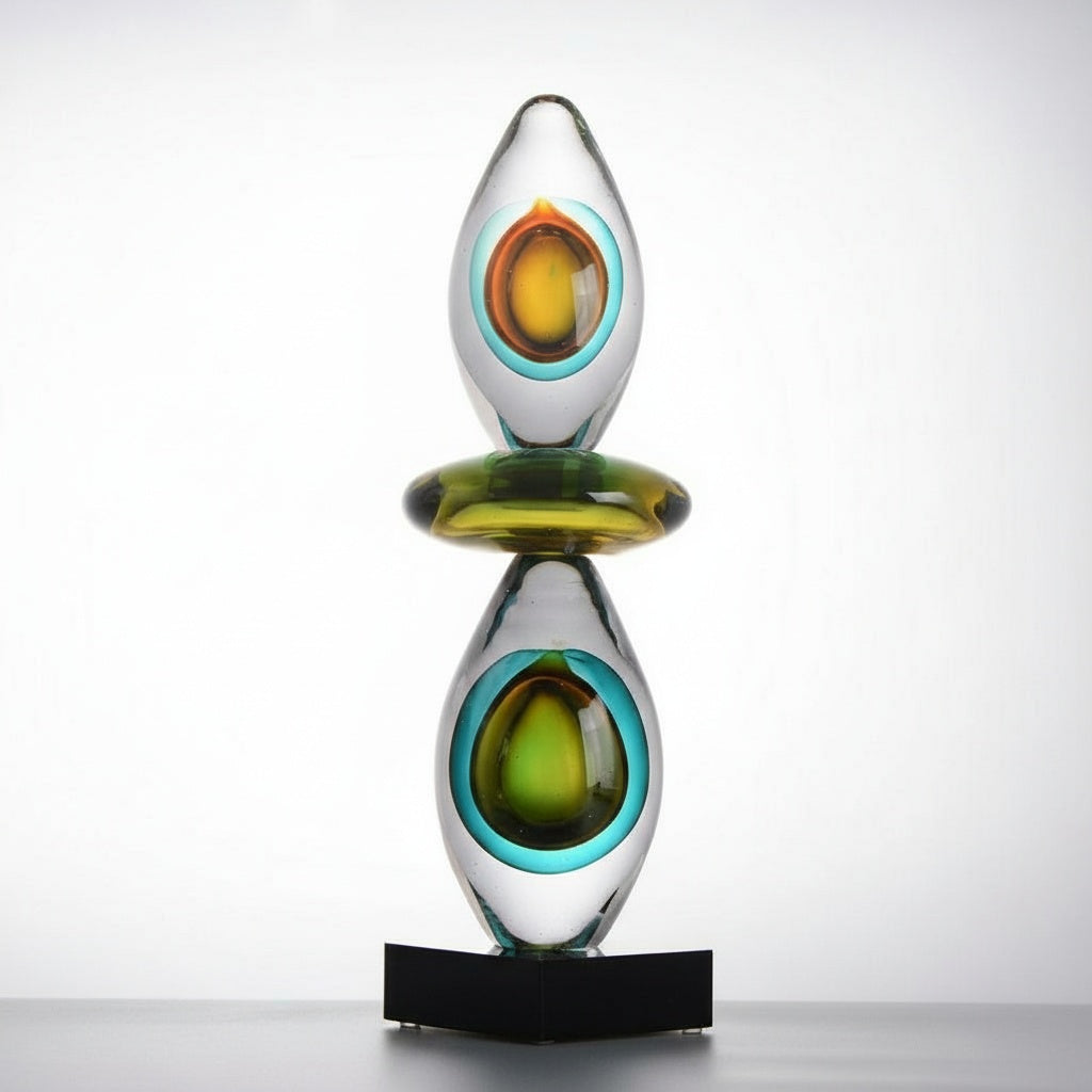 Front view of abstract glass sculpture on black base against white background
