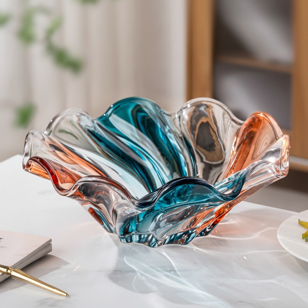 Multicolor Art Glass Wavy Centerpiece Bowl