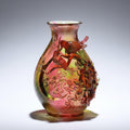 Multicolor crystal vase with high relief bird and flower sculpture