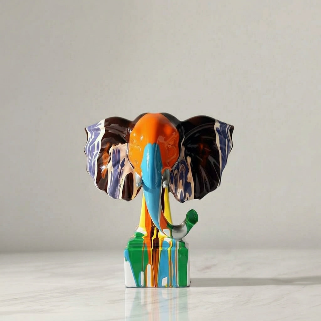 Colorful elephant sculpture on a light gray background