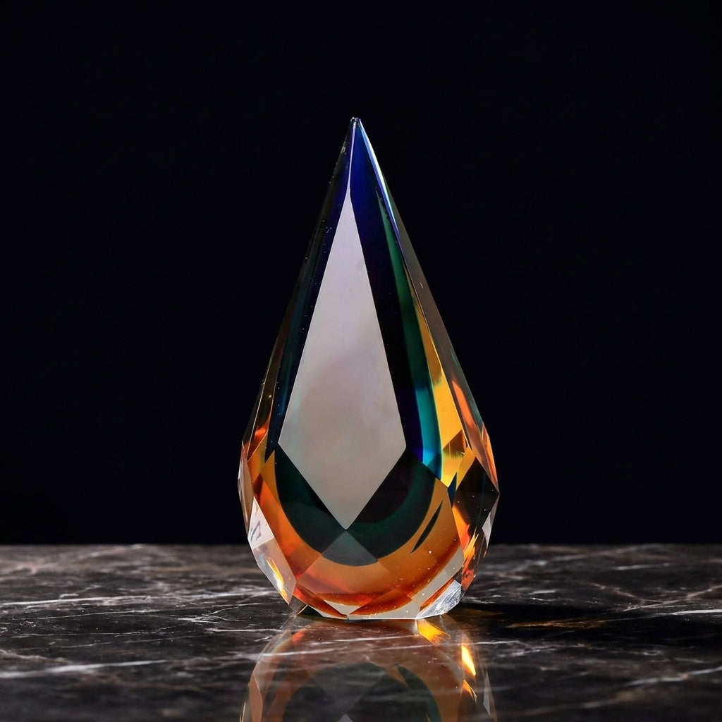 Front view of faceted glass teardrop sculpture in blue and amber