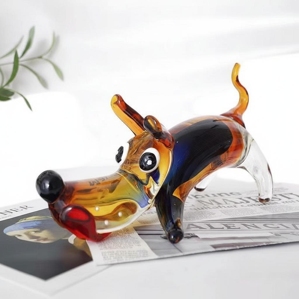 Side view of multicolor glass dachshund sculpture on newspaper