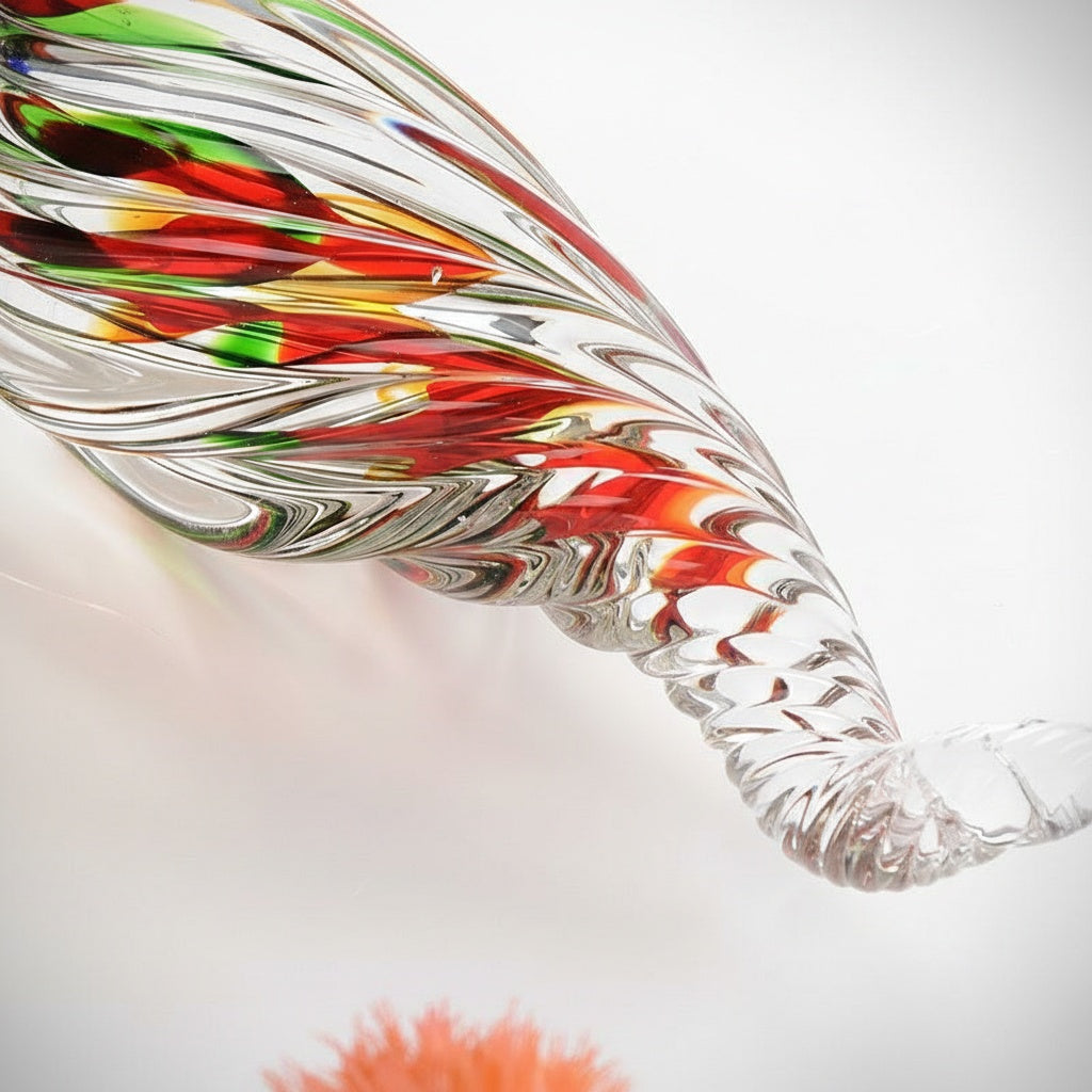 Detail of colored glass swirls inside clear twisted sculpture
