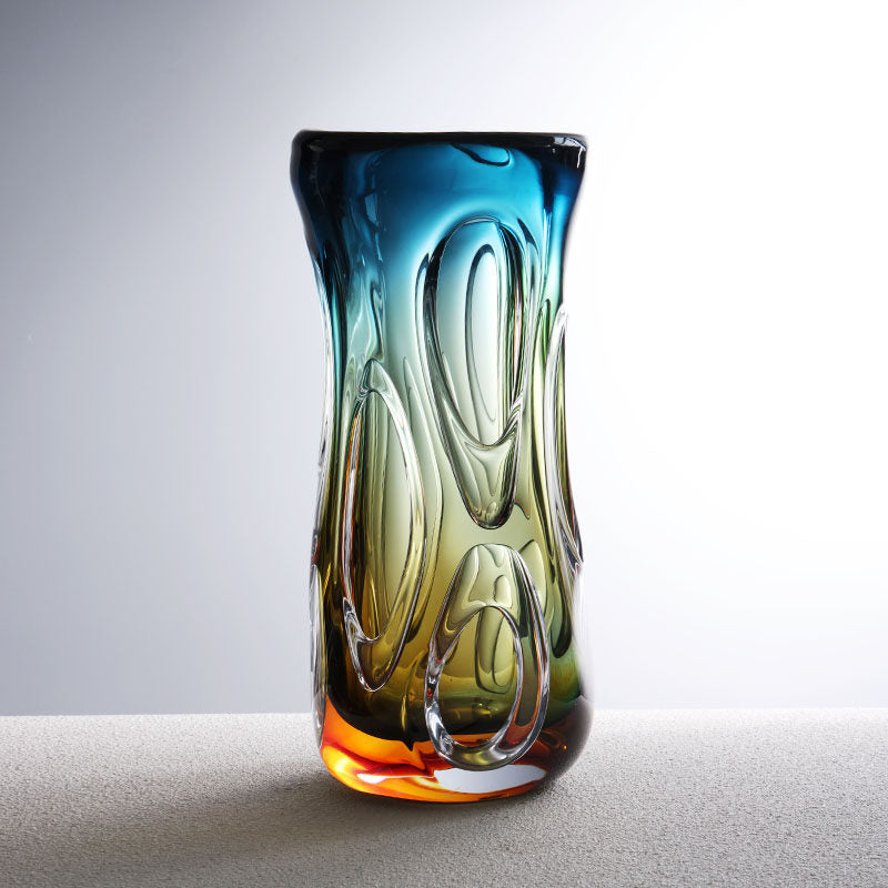 Front view of multicolor gradient glass vase with dimpled texture