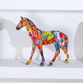 Side view of multicolor graffiti resin horse sculpture