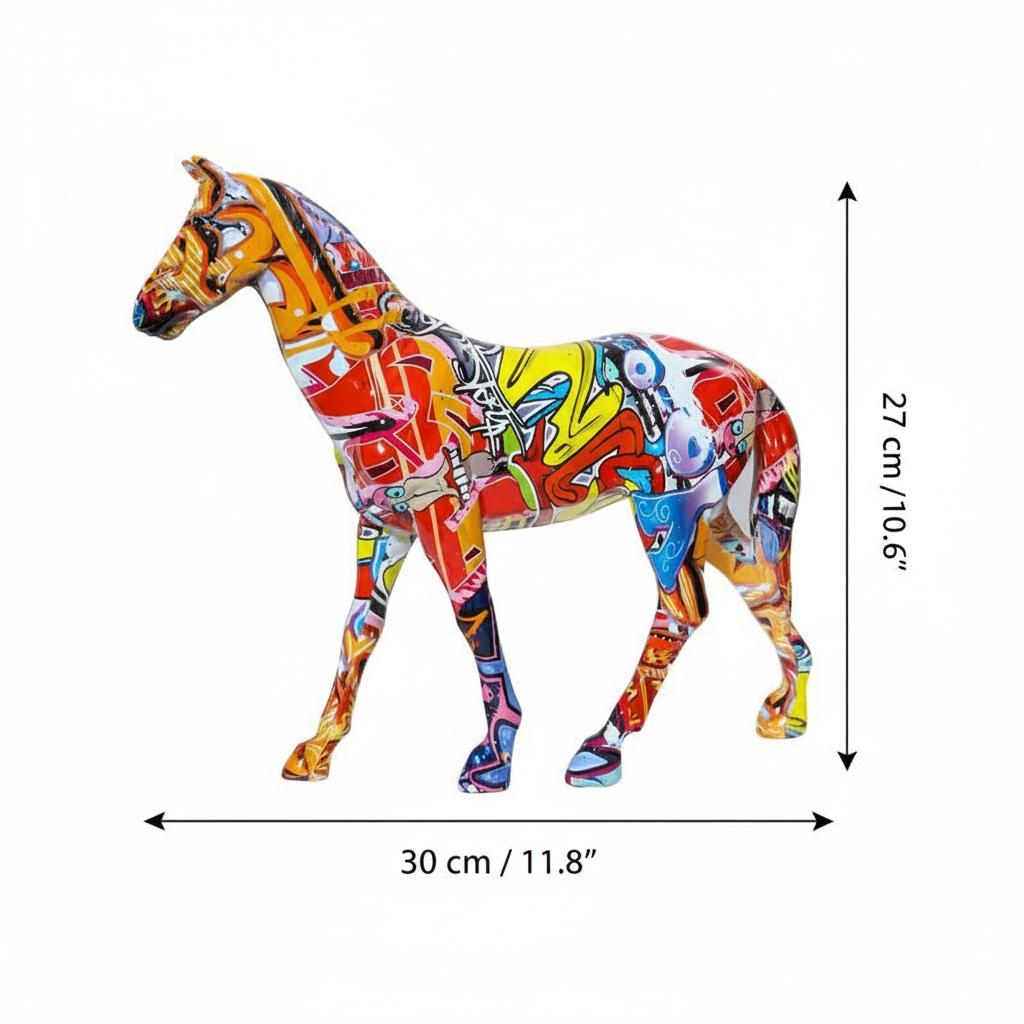 Dimensions view of graffiti horse statue
