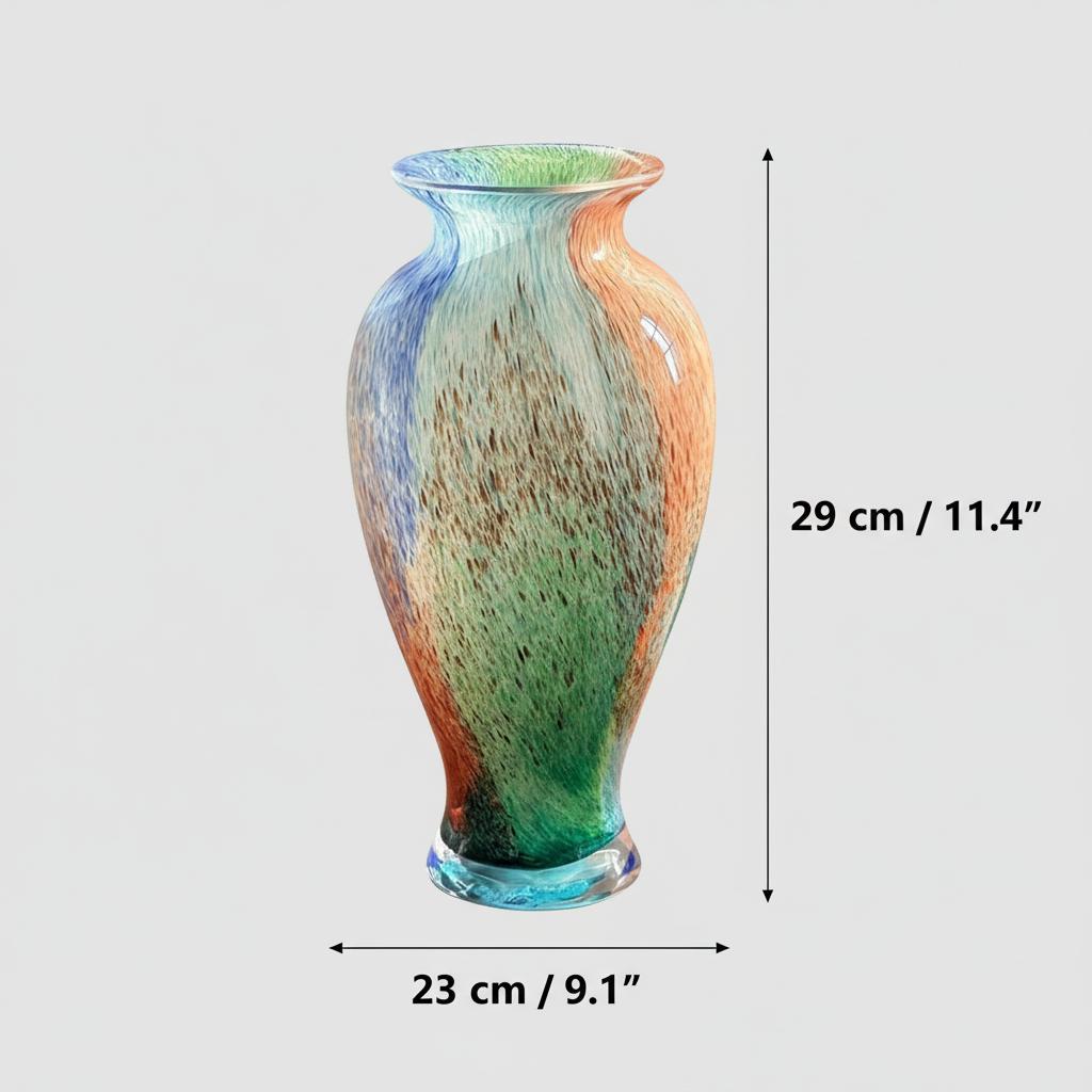 Dimensions of multicolor art glass urn vase