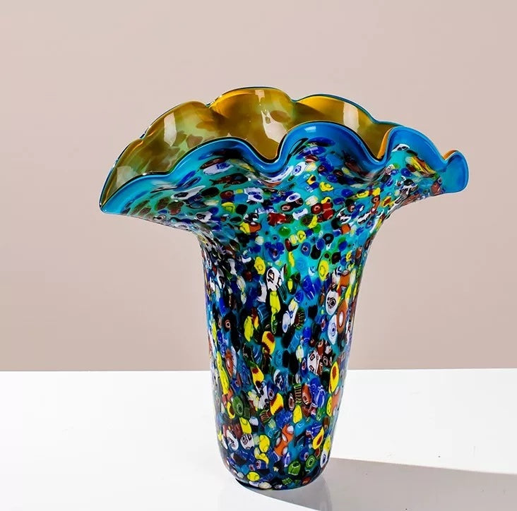Multicolor spotted glass vase with wavy rim and amber interior