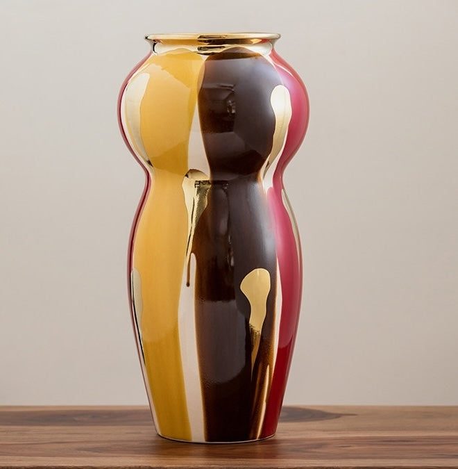 Front view of the multicolored abstract glaze ceramic hourglass vase
