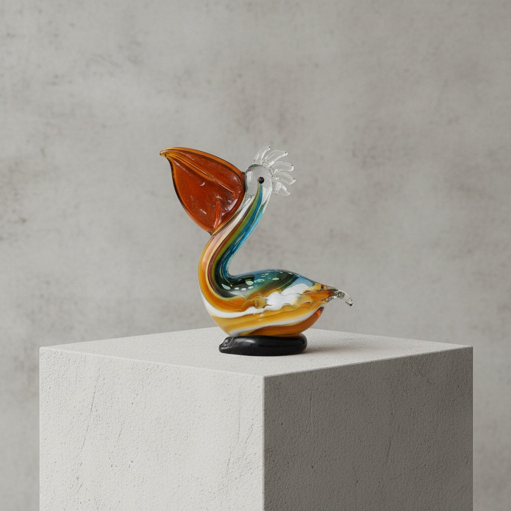 Front angle view of glass pelican sculpture