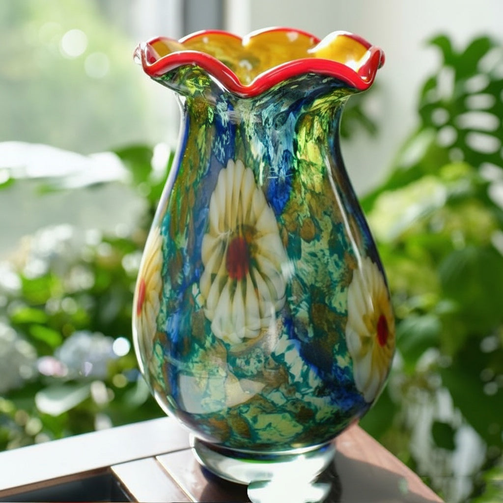 Angled view of art glass vase showing floral pattern and blue green hues