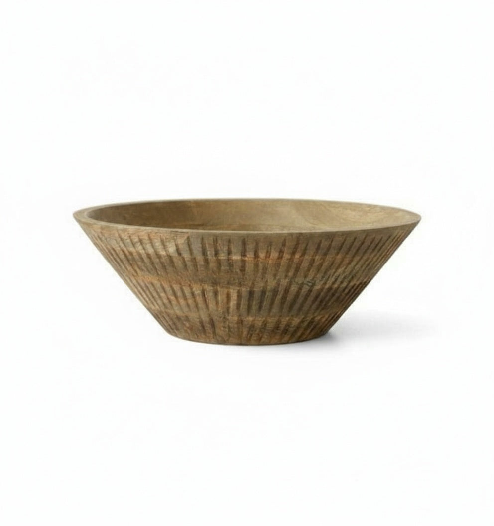 Front view of natural wood fluted serving bowl