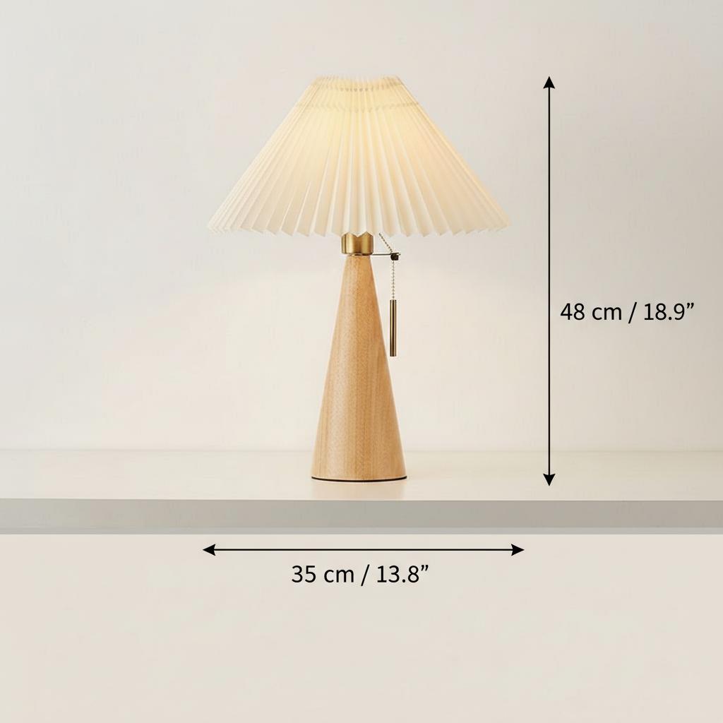 Dimensions of natural wood and pleated fabric table lamp