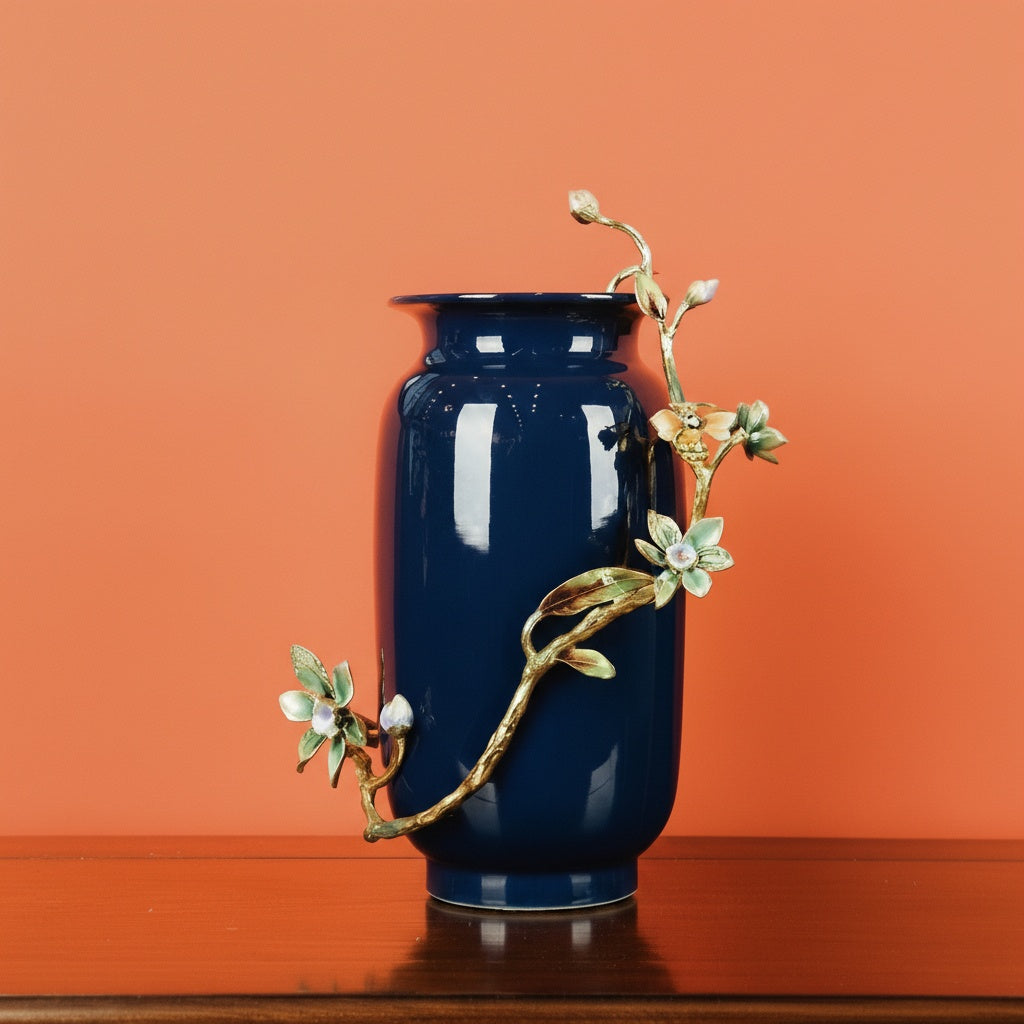 Side view of blue vase showing floral detail and rim