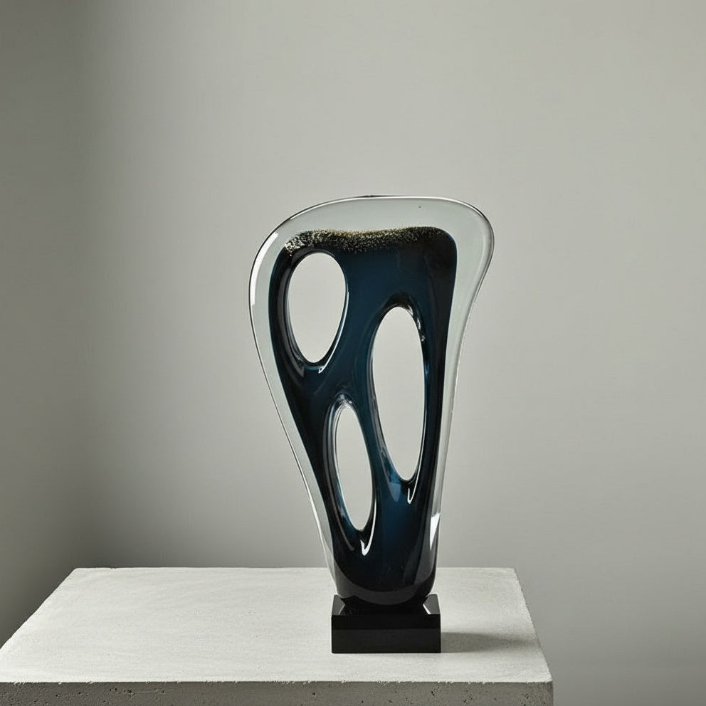 Large tall abstract navy blue glass sculpture