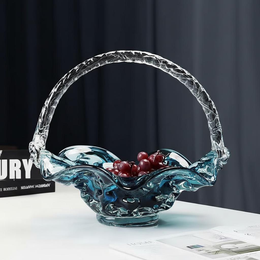 Front view of blue art glass fruit basket with ruffled rim