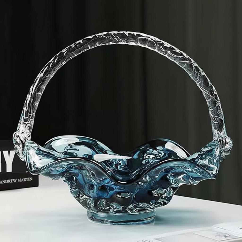 Side view of blue glass basket on white table