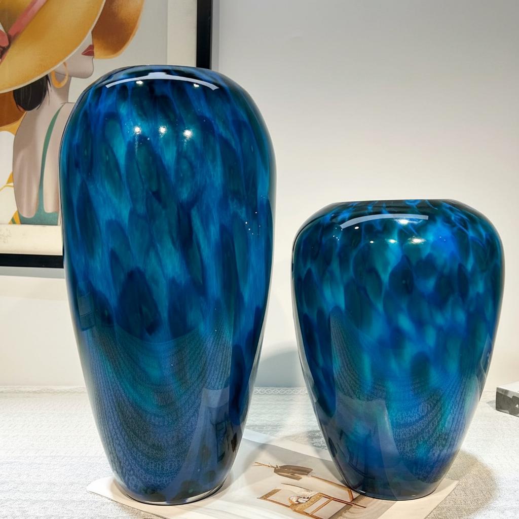 Large ocean blue art glass vase front view