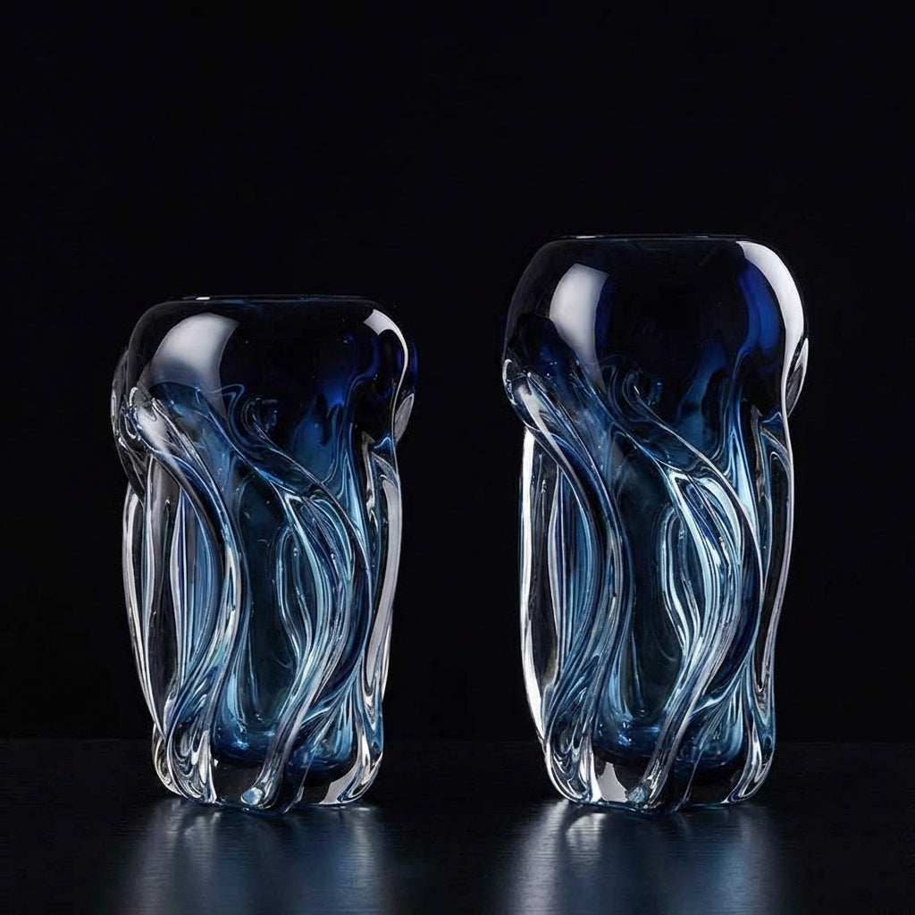 Medium and large blue art glass vases on white pedestal