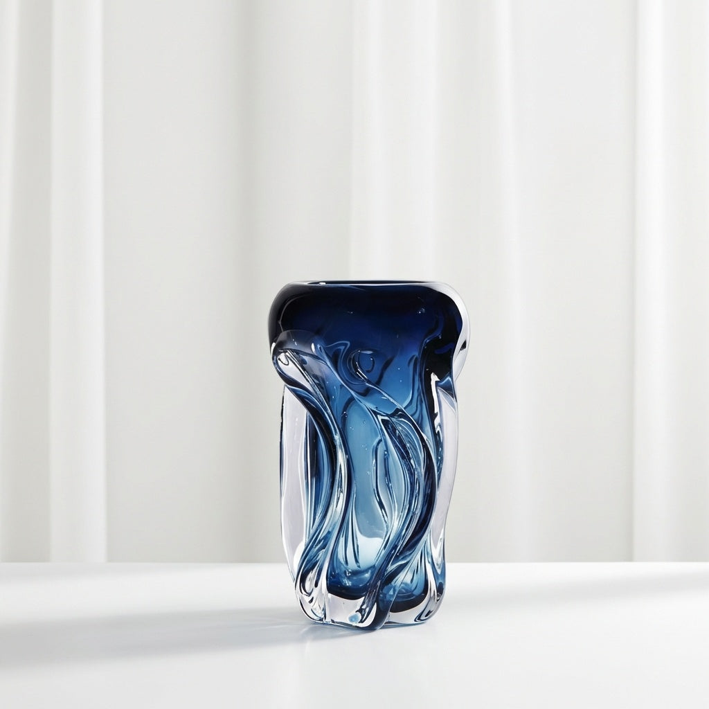 Single large ocean blue fluid glass vase against white curtain