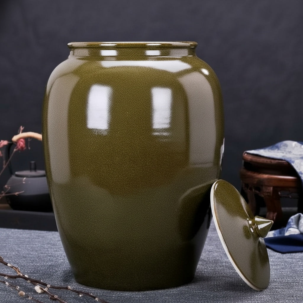 Olive Ceramic Lidded Storage Jar