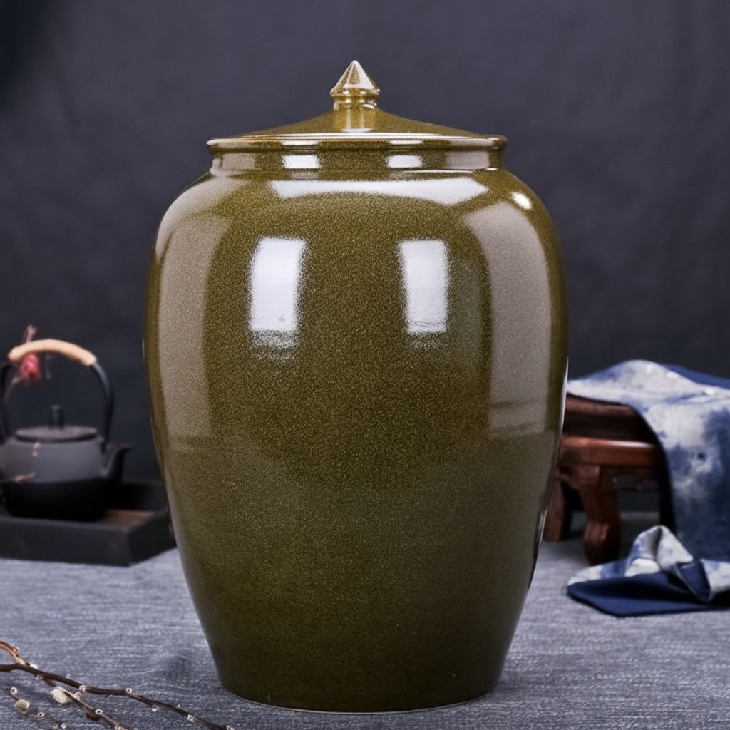 Olive Ceramic Lidded Storage Jar