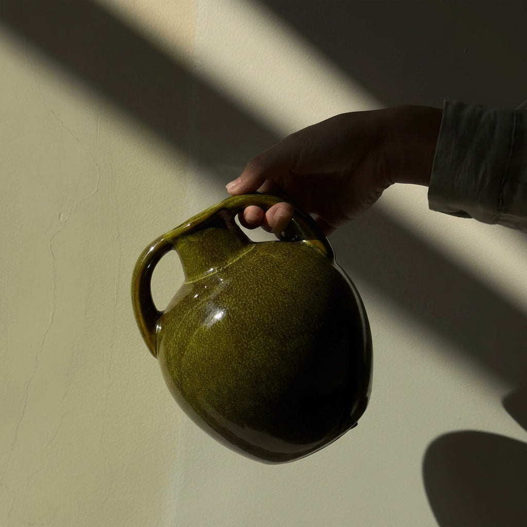 Hand holding olive green ceramic vase showing handle detail and glossy finish