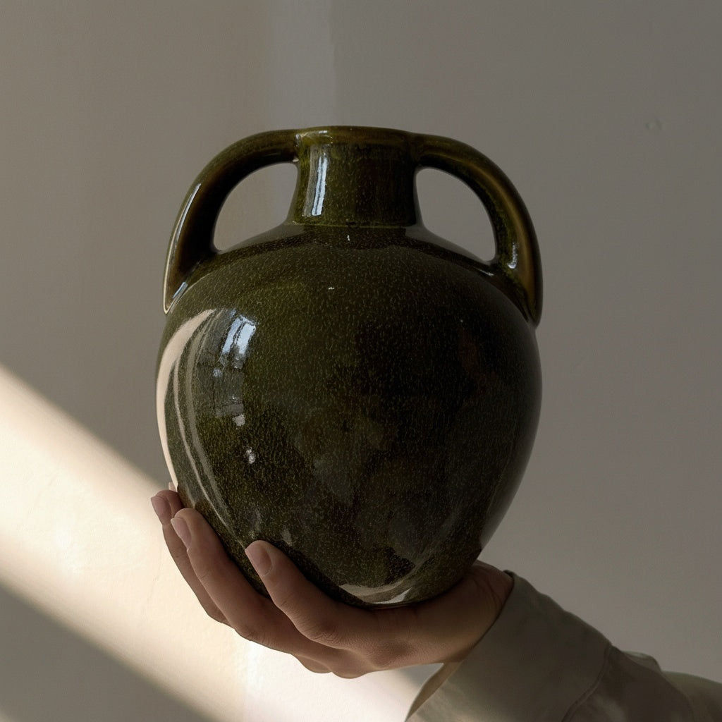 Close up of olive green speckled ceramic vase held in hand against neutral background