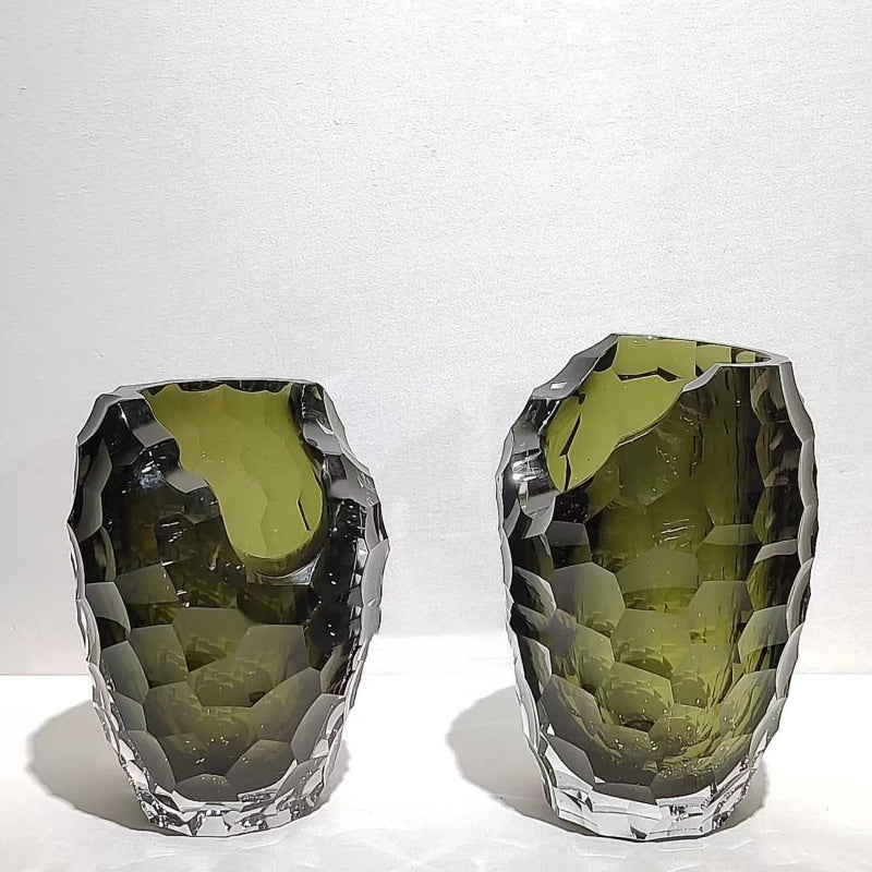 Olive green faceted glass vase set front view