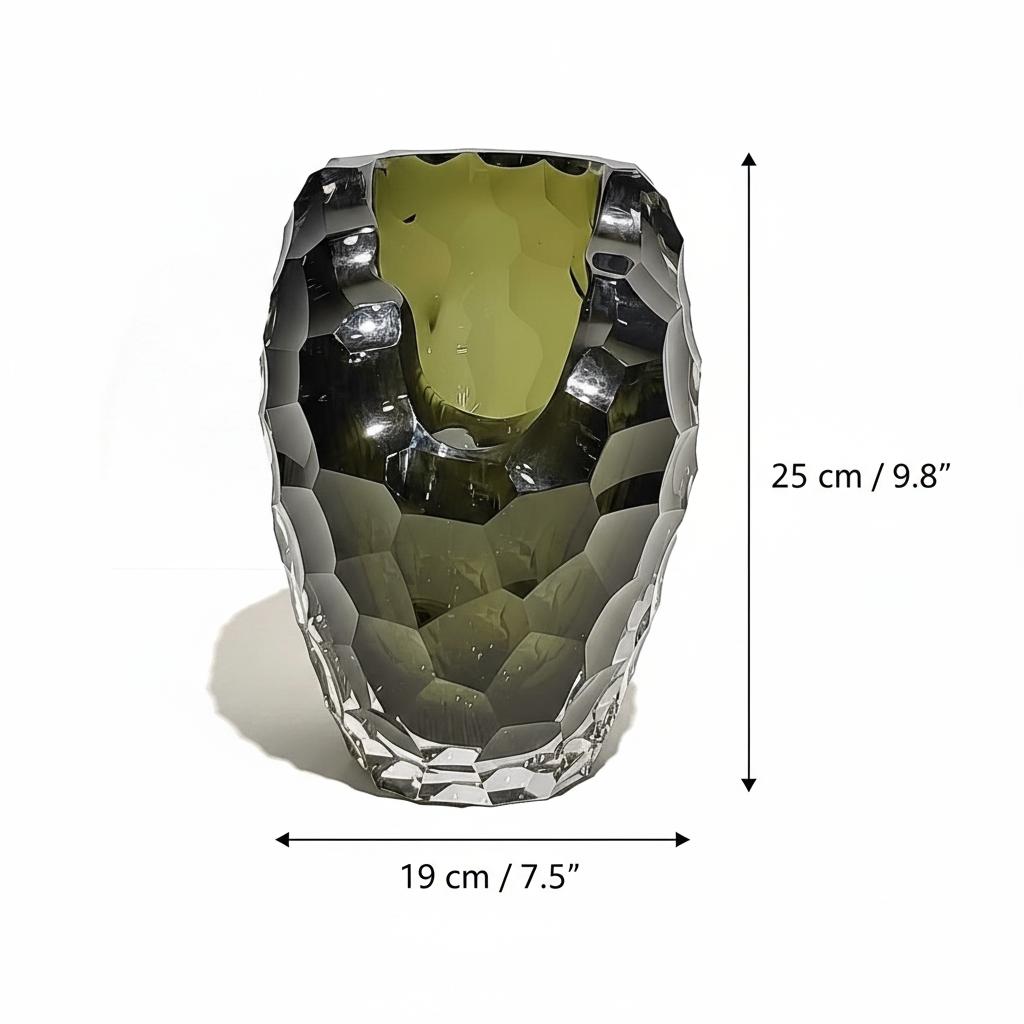 Large olive green crystal vase dimensions 25cm height