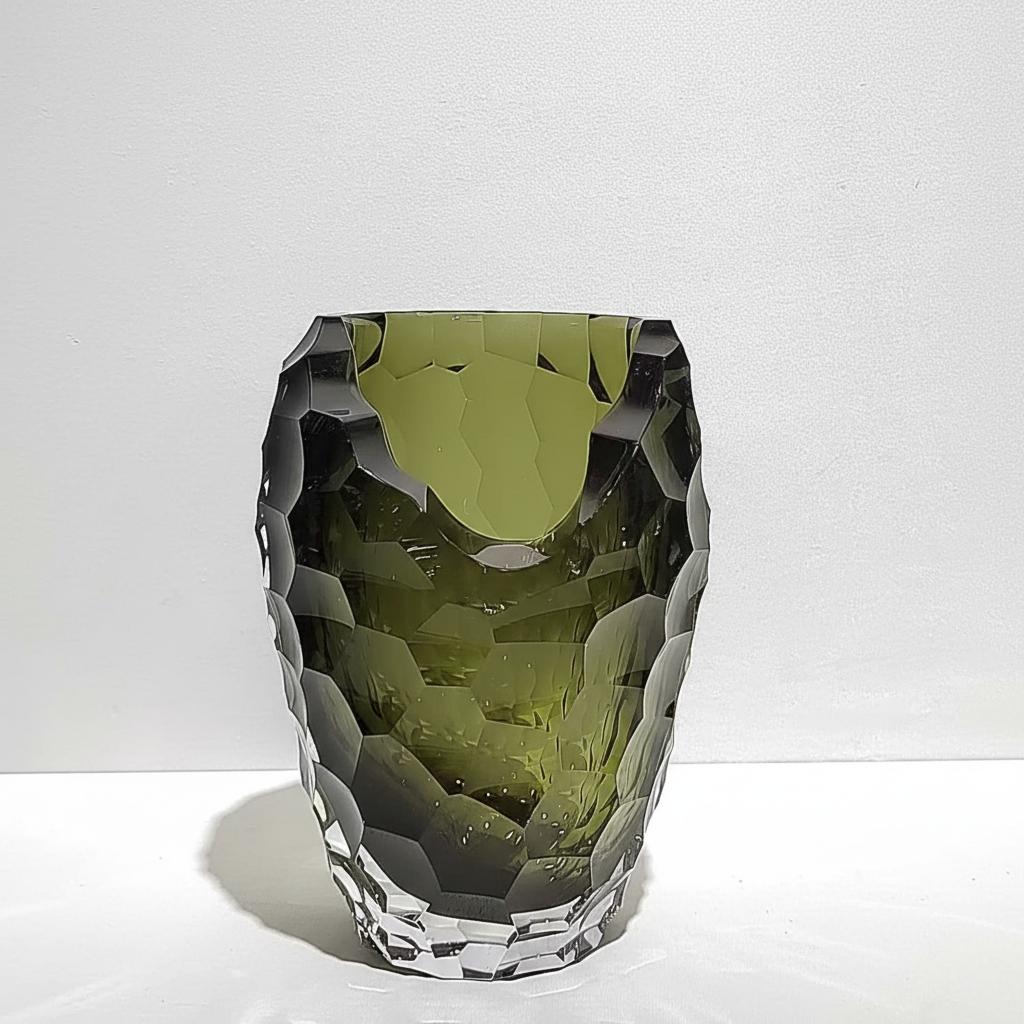 Single olive green geometric vase front view