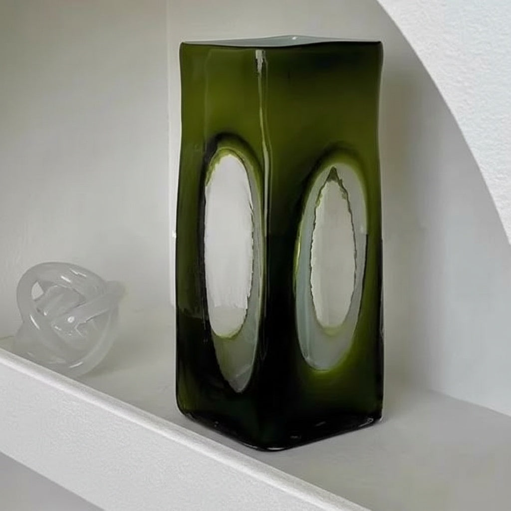 Olive green glass rectangular vase front view