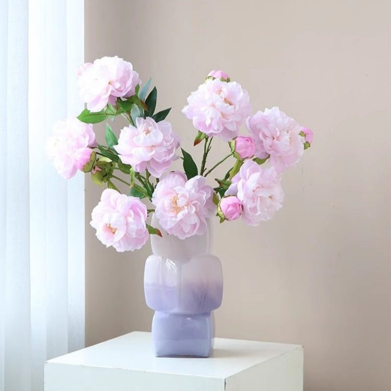 Ombre purple glass stacked geometric vase with pink peonies