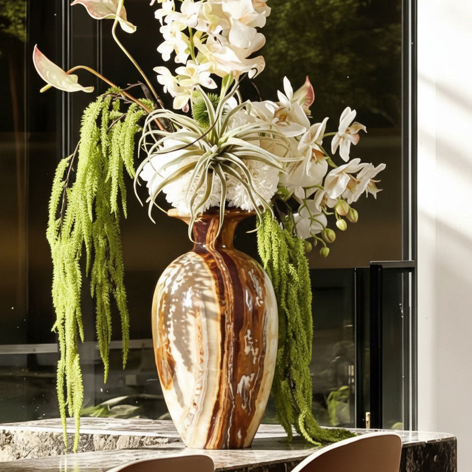 Multi-color onyx marble vase with floral arrangement