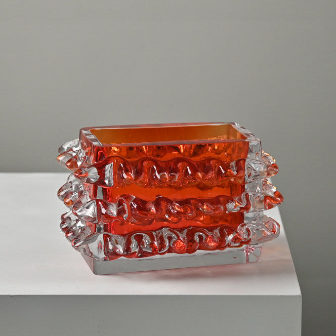 Rectangular orange and clear spiked glass bowl