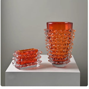 Set of orange spiked art glass vase and rectangular bowl