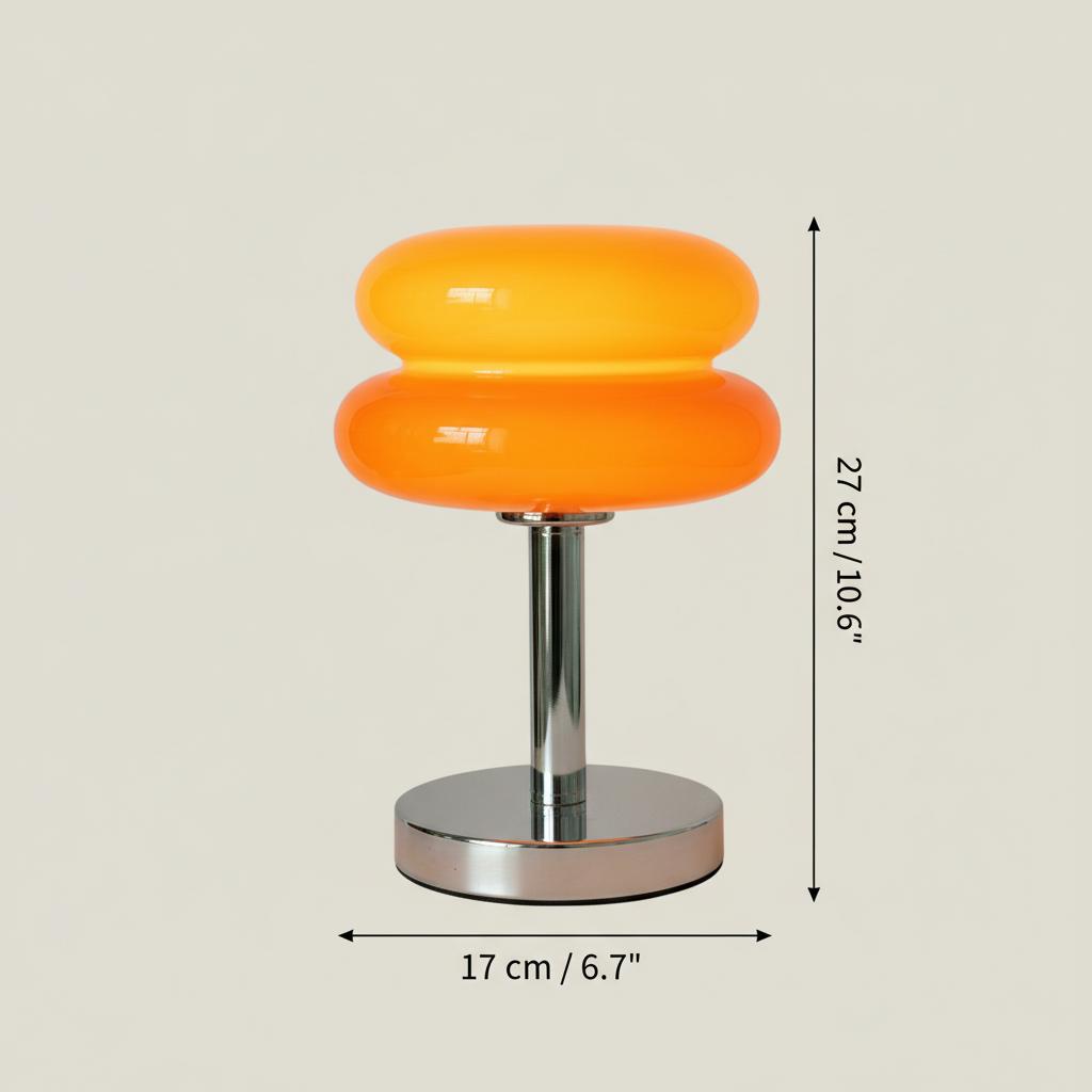 Dimensions diagram of orange glass table lamp