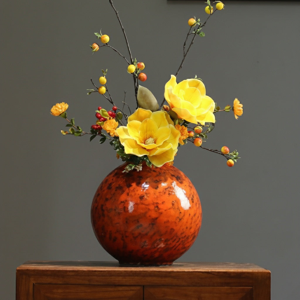 Orange Patterned Ceramic Spherical Vase
