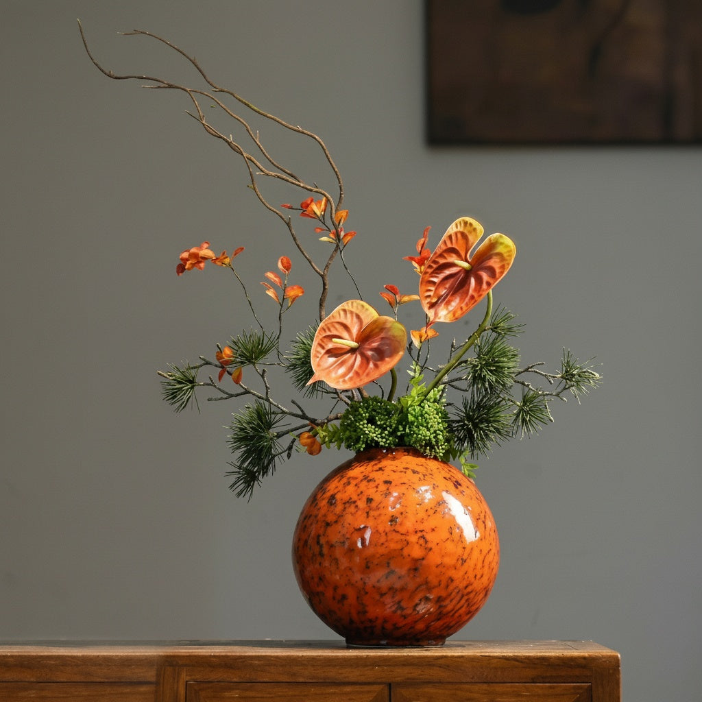 Orange Patterned Ceramic Spherical Vase