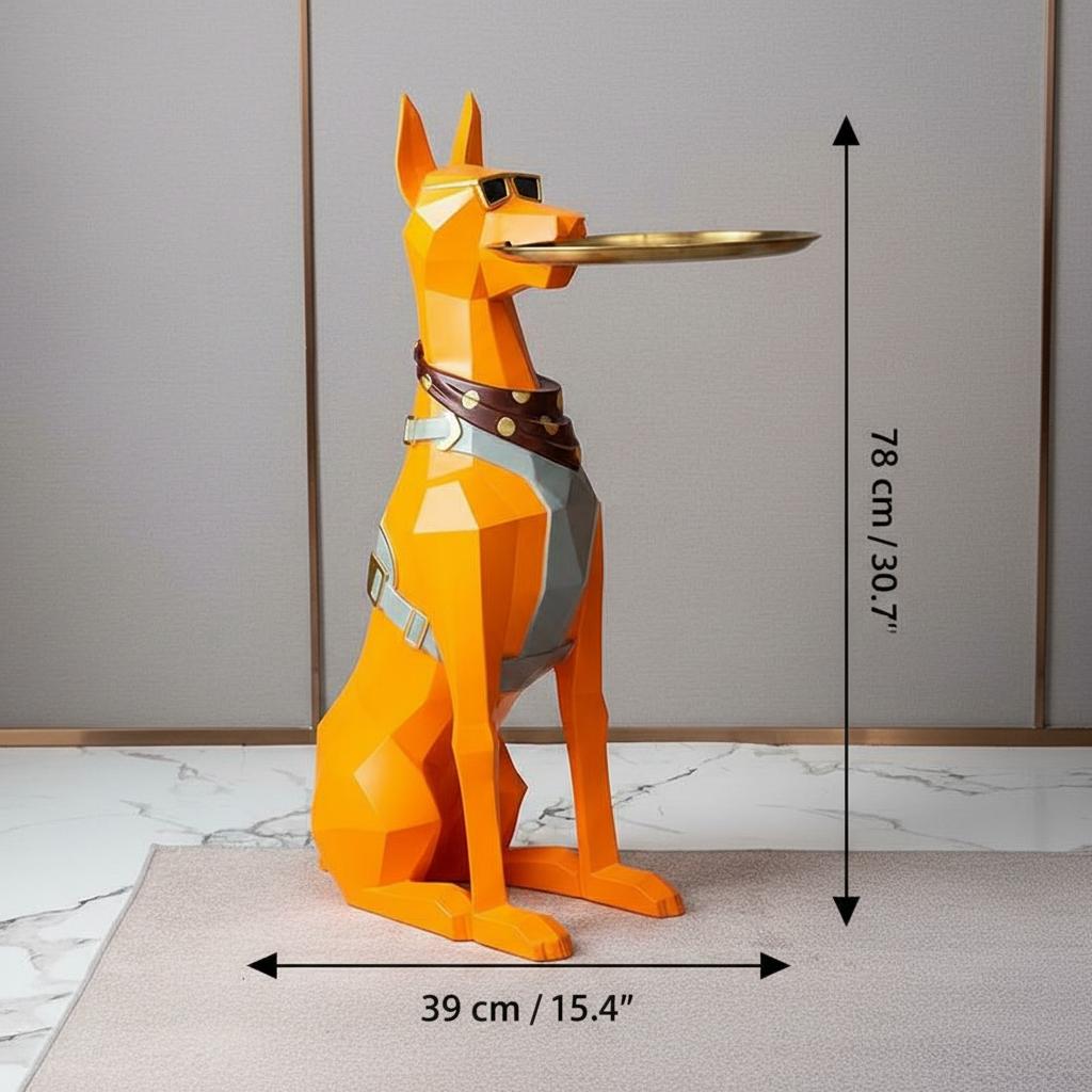 Orange resin geometric Doberman butler statue with tray front view with dimensions