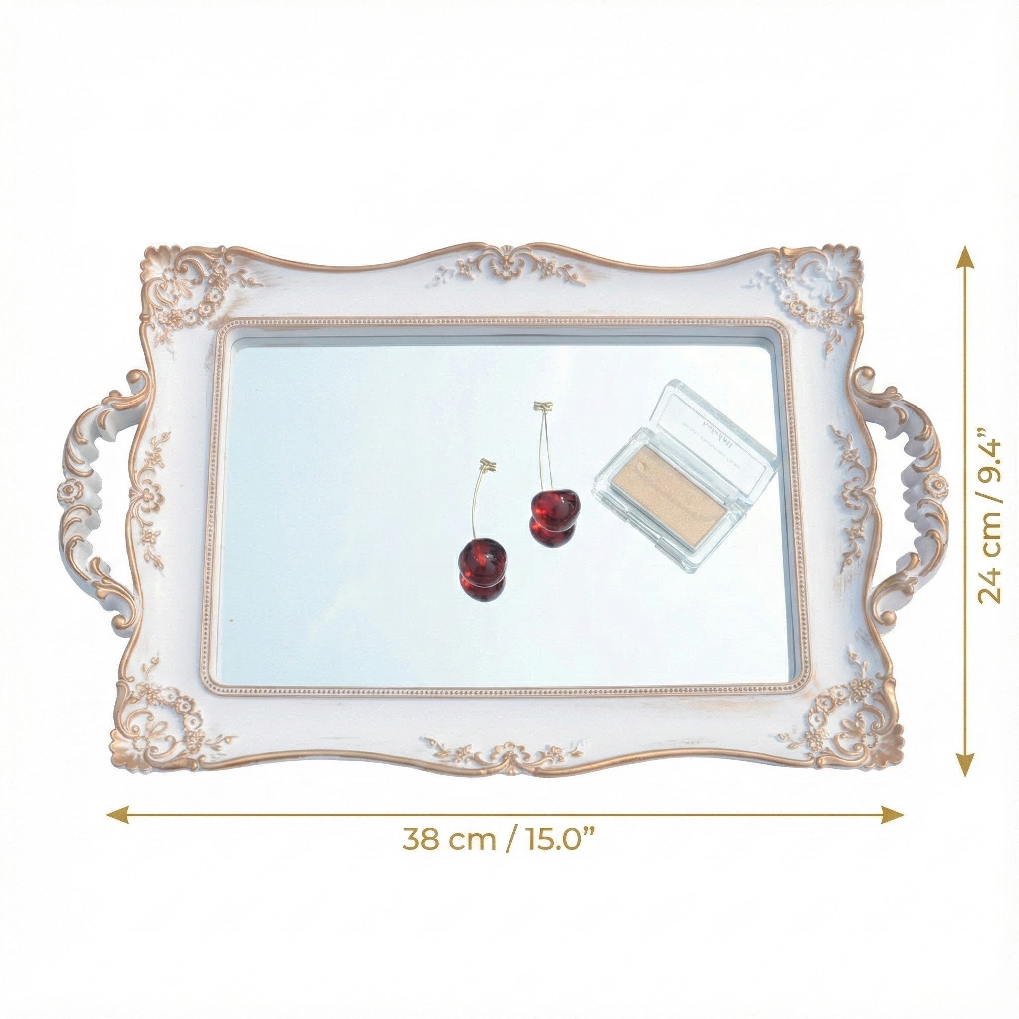 Size chart showing dimensions of the rectangular vintage mirror tray with handles