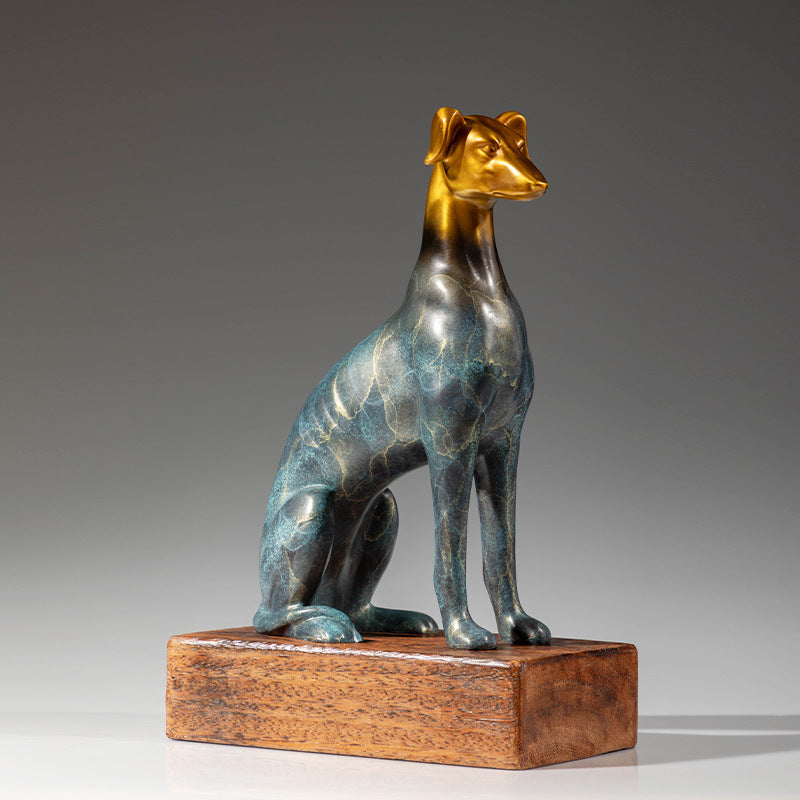 Side view of copper greyhound statue showing muscular details and wooden base