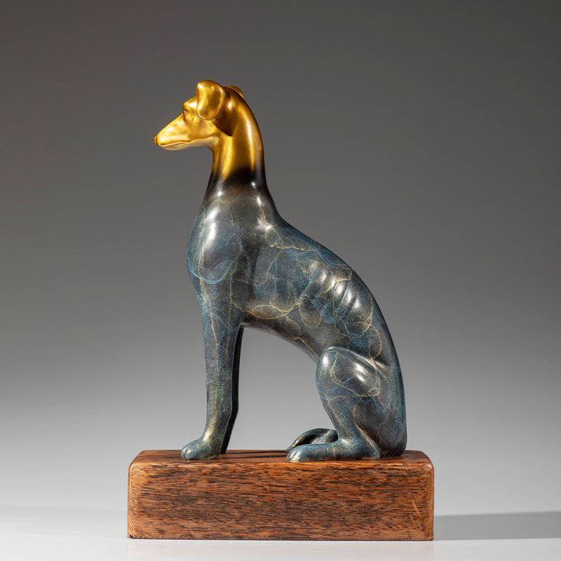 Profile view of the greyhound statue emphasizing the gold to blue gradient