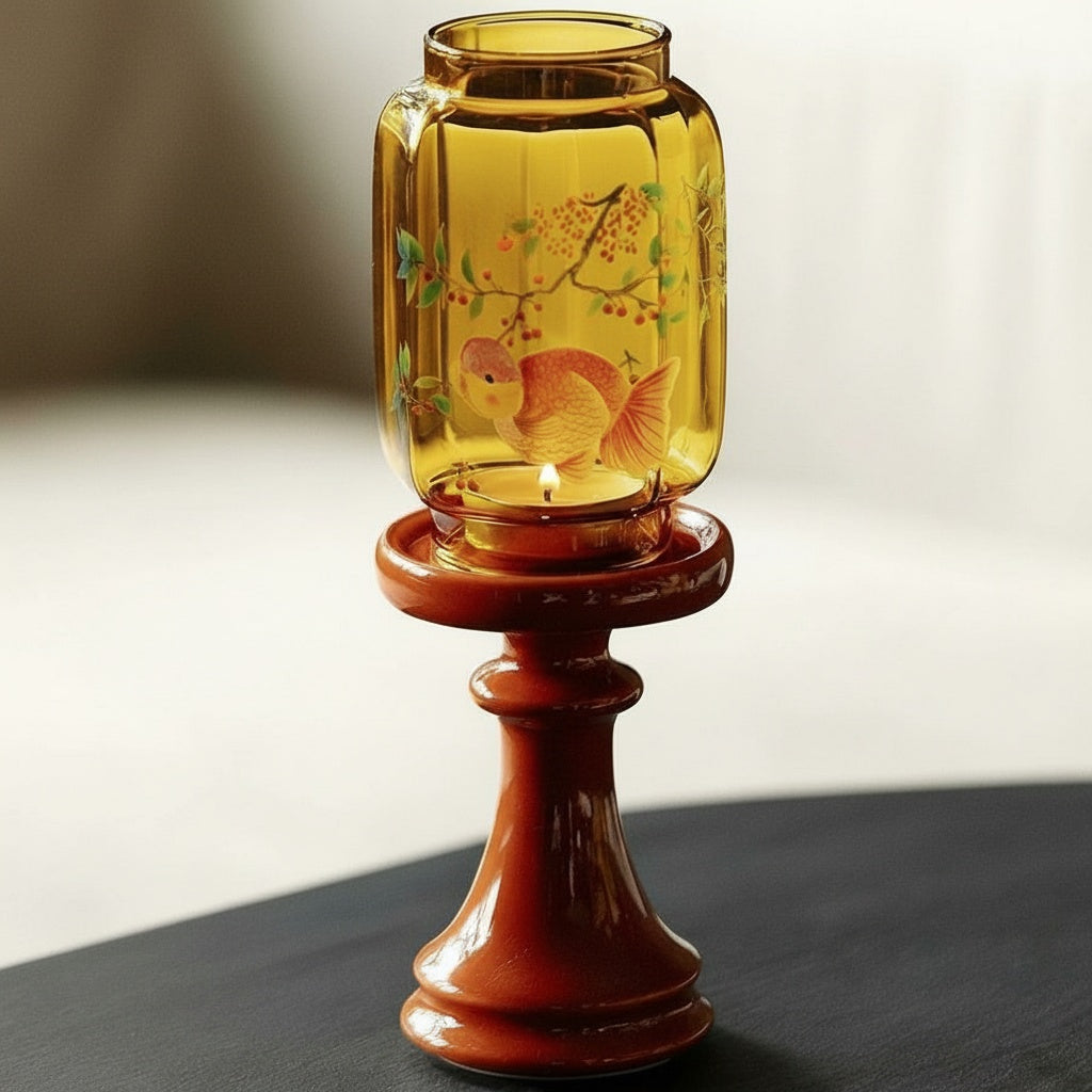 Painted Amber Glass & Ceramic Pedestal Candle Holder